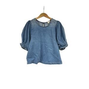 R.G. Kane Denim Poof Blouse Blue Stretch Modest Top Womens Medium